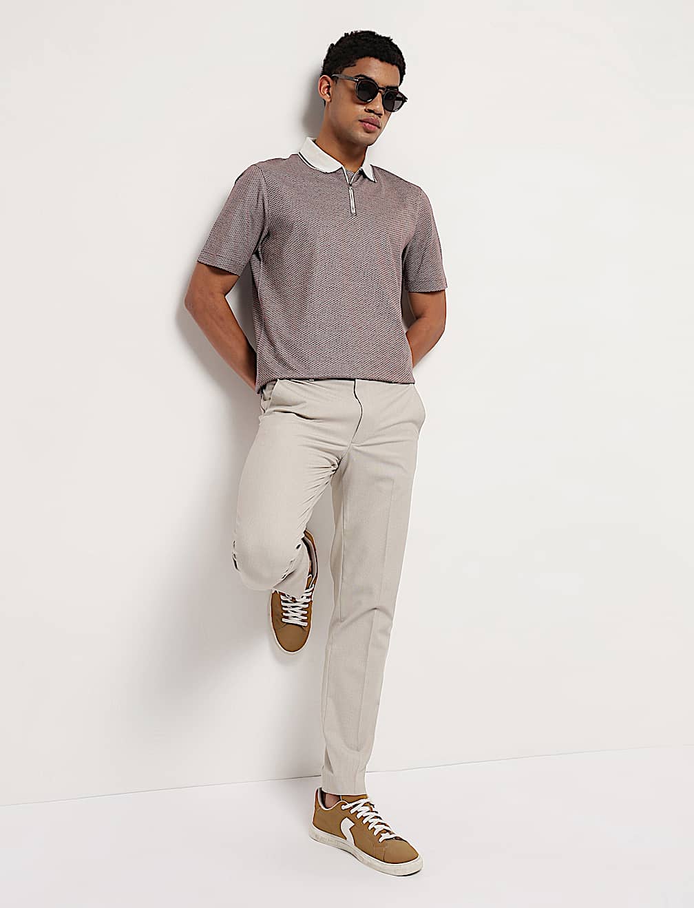 Pure Cotton Geometric Polo Neck T-Shirt