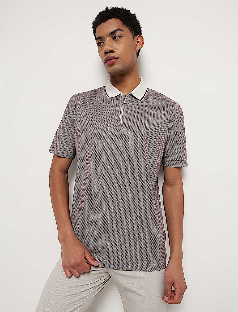 Pure Cotton Geometric Polo Neck T-Shirt
