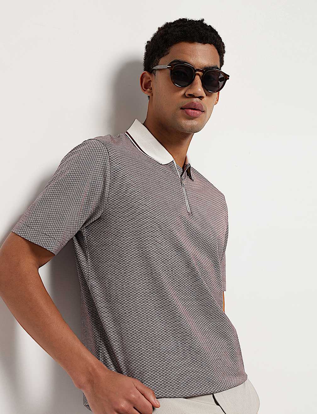 Pure Cotton Geometric Polo Neck T-Shirt