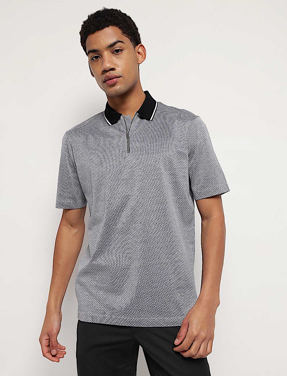 Pure Cotton Geometric Polo Neck T-Shirt