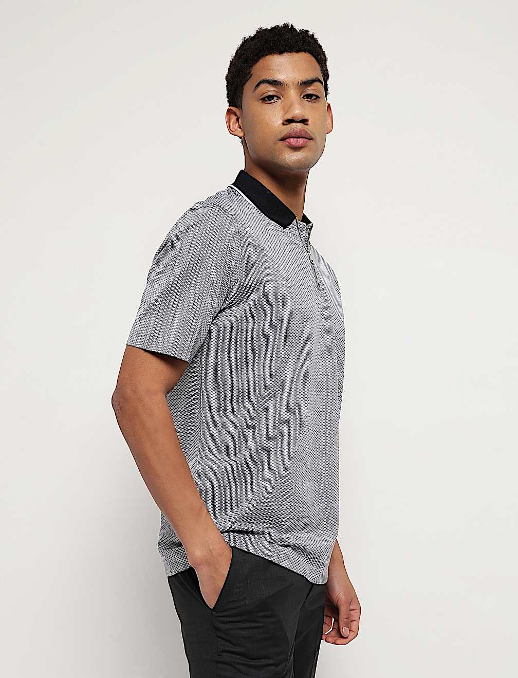 Pure Cotton Geometric Polo Neck T-Shirt