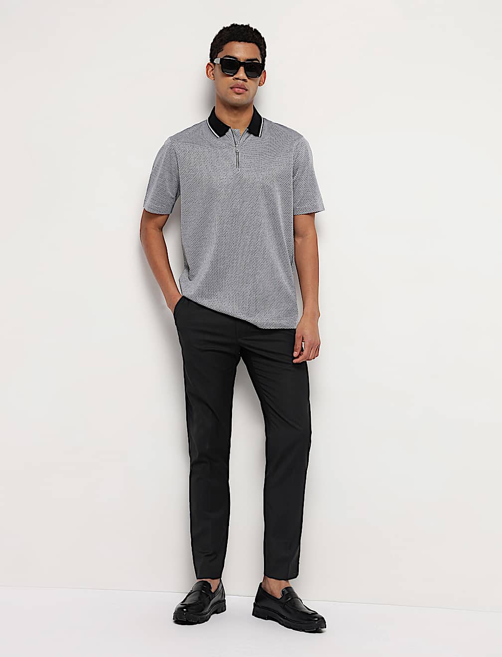 Pure Cotton Geometric Polo Neck T-Shirt