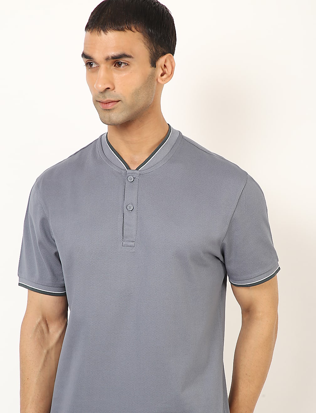Pure Cotton Self Design Henley Neck T-Shirt