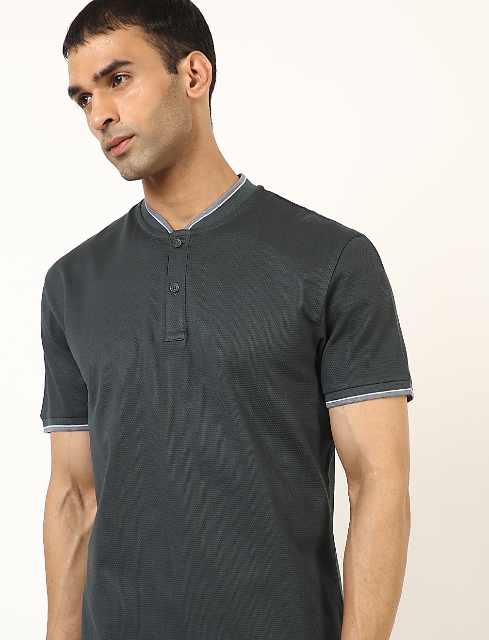 Pure Cotton Self Design Henley Neck T-Shirt