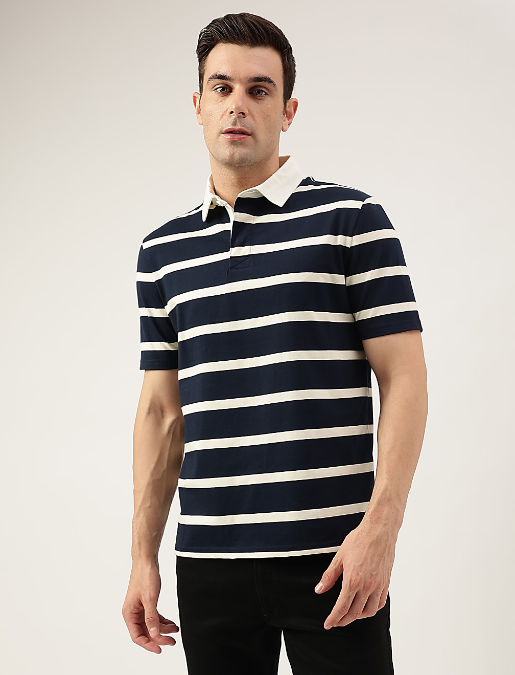 Regular Fit Pure Cotton Stripes Polo Collar Tshirt