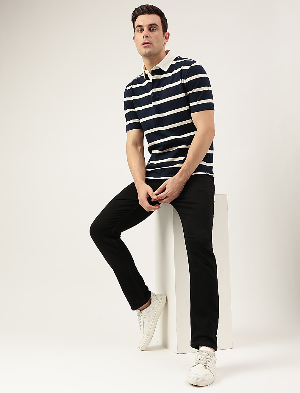 Regular Fit Pure Cotton Stripes Polo Collar Tshirt
