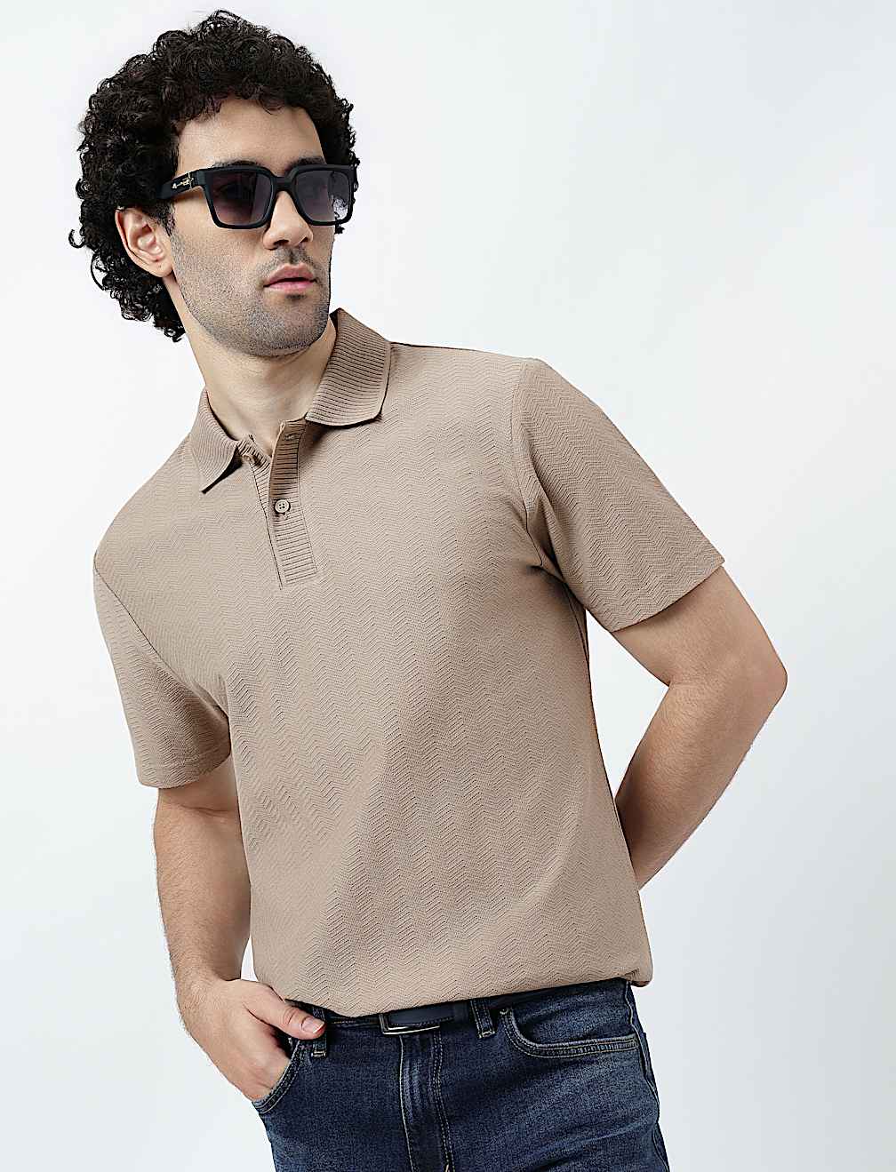 Pure Cotton Knitted Textured Polo T-Shirt