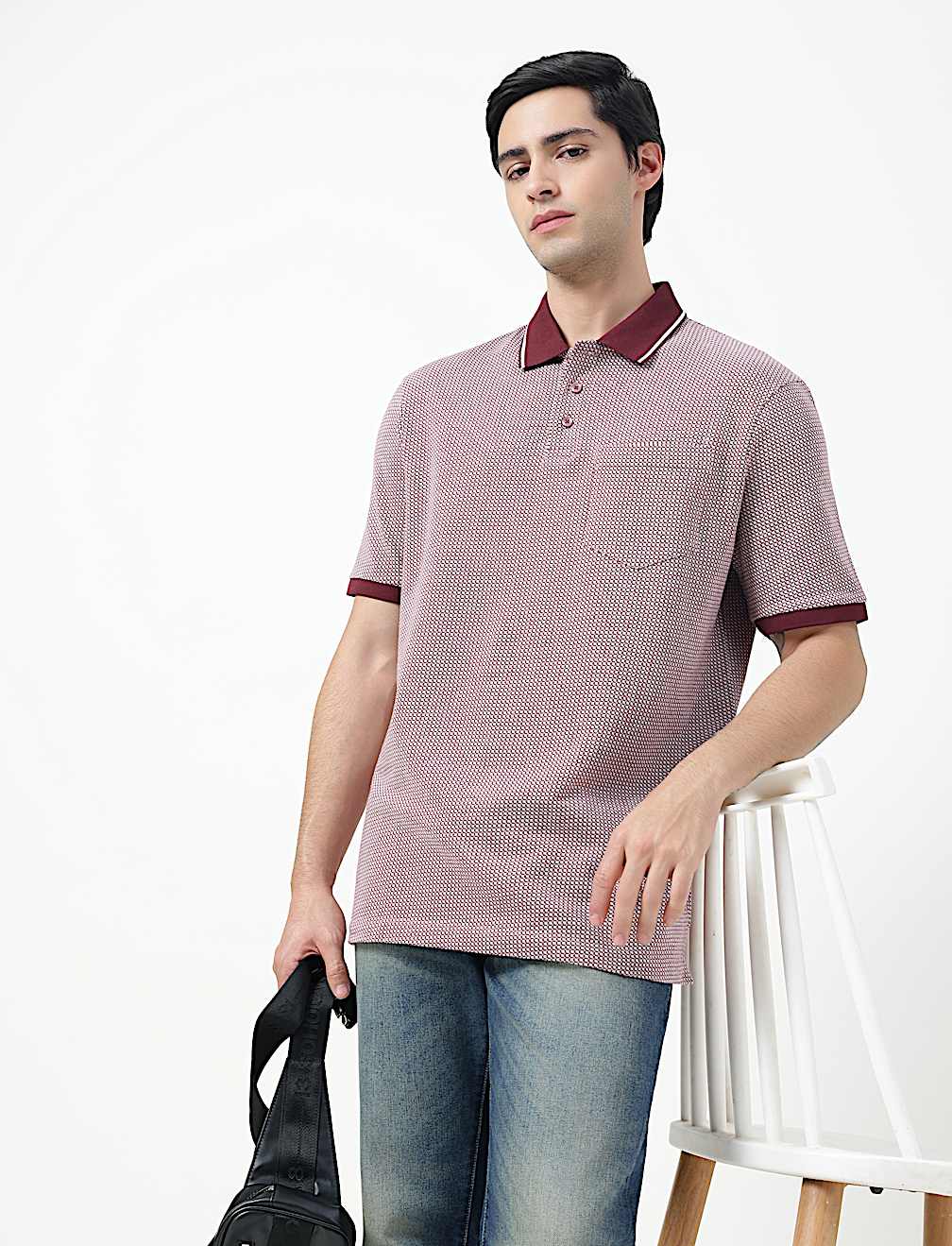 Pure Cotton Self Design Polo Neck T-Shirt