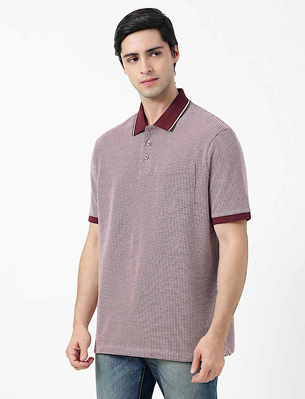 Pure Cotton Self Design Polo Neck T-Shirt