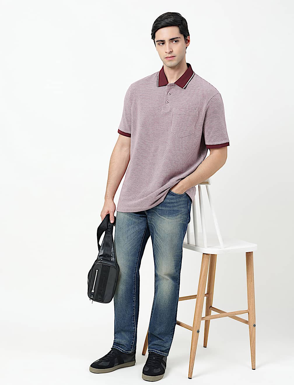 Pure Cotton Self Design Polo Neck T-Shirt