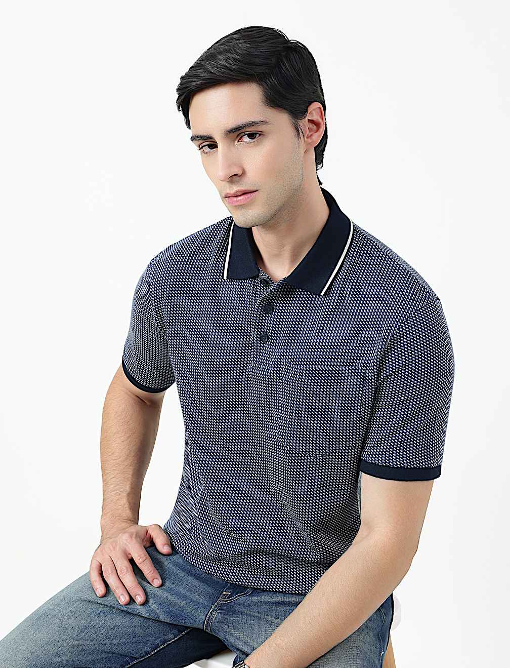 Pure Cotton Self Design Polo Neck T-Shirt