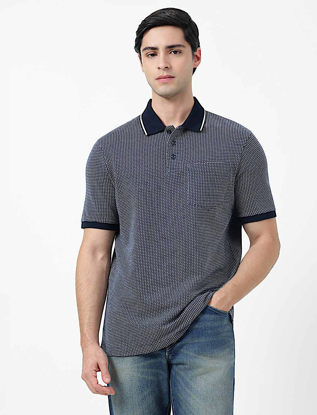 Pure Cotton Self Design Polo Neck T-Shirt