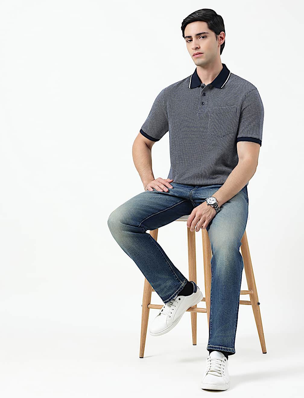 Pure Cotton Self Design Polo Neck T-Shirt