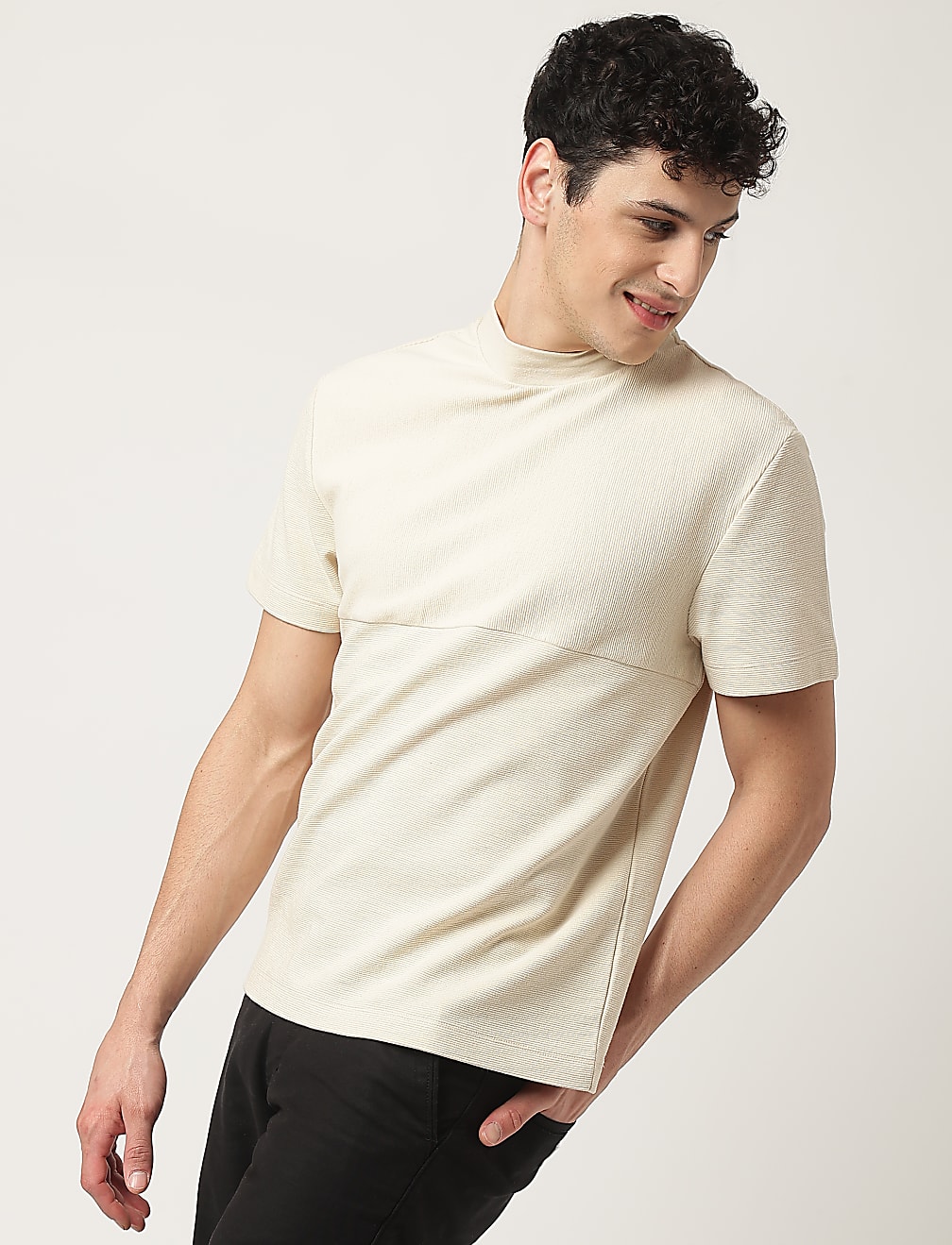Cotton Mix Ribbed Crew Neck T-Shirt