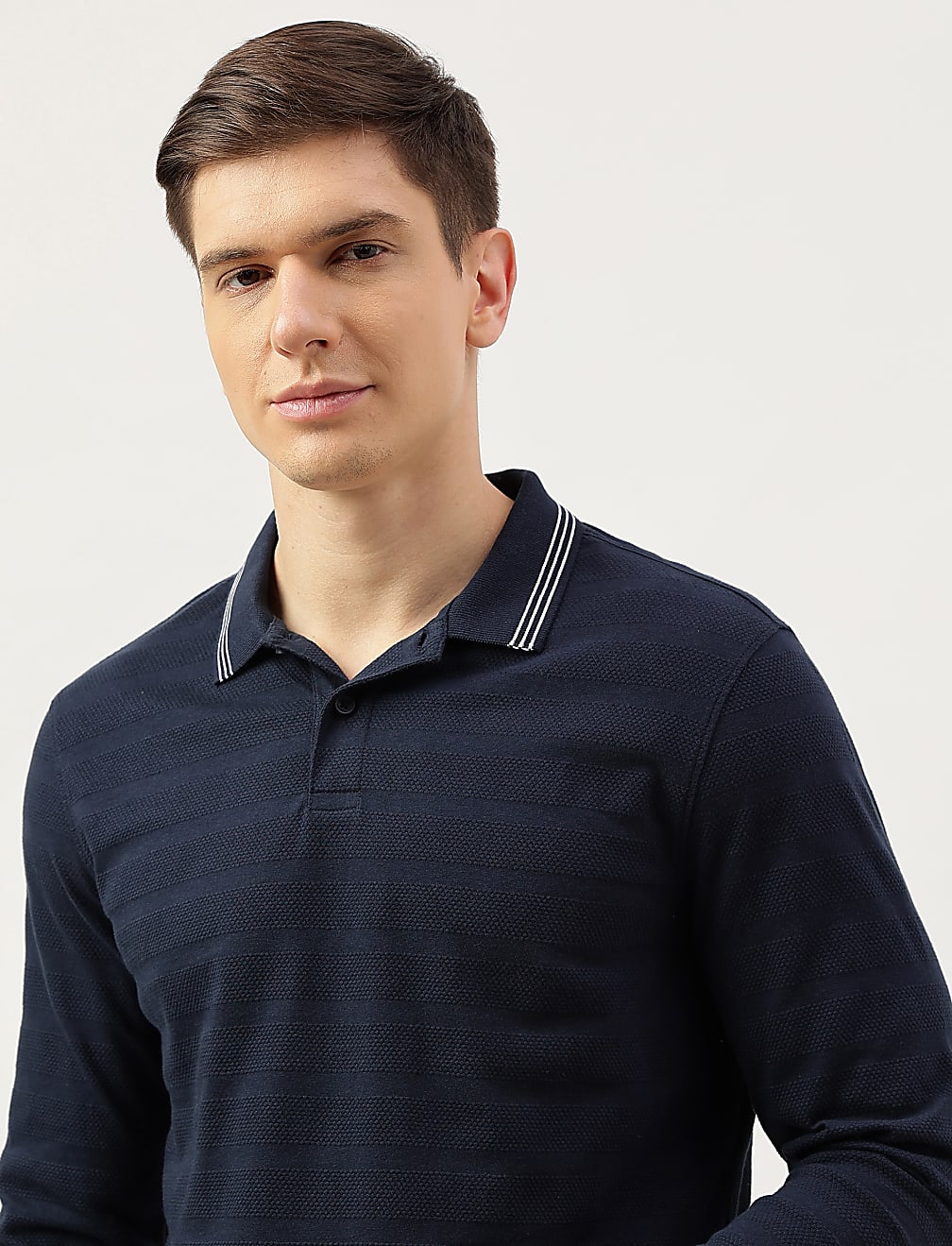 Pure Cotton Striped Full Sleeve Polo Shirt