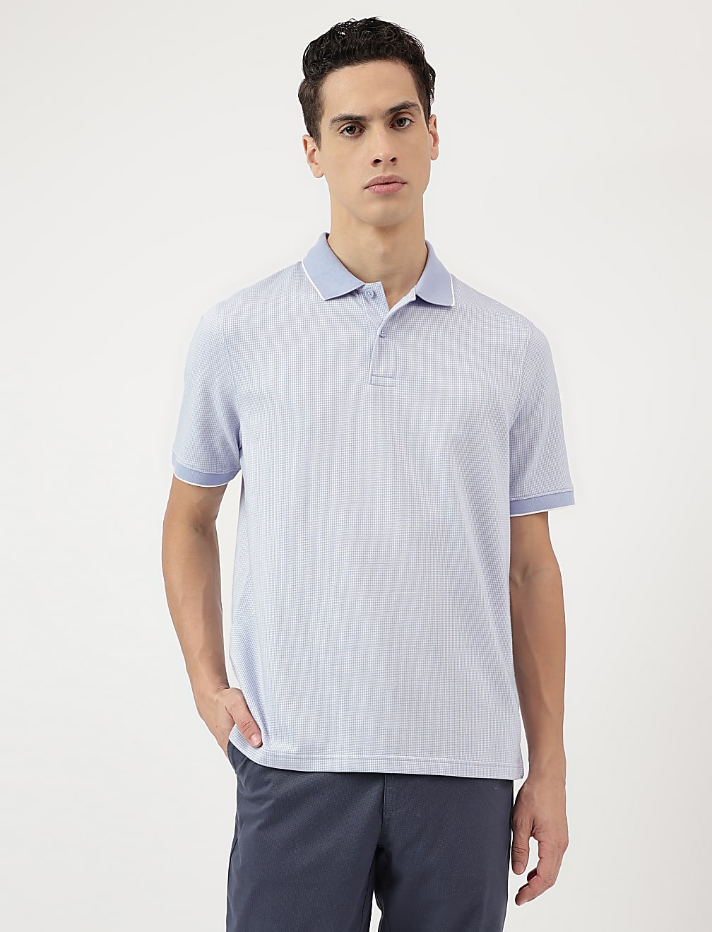 Cotton Rich Self Design Polo Neck T-Shirt