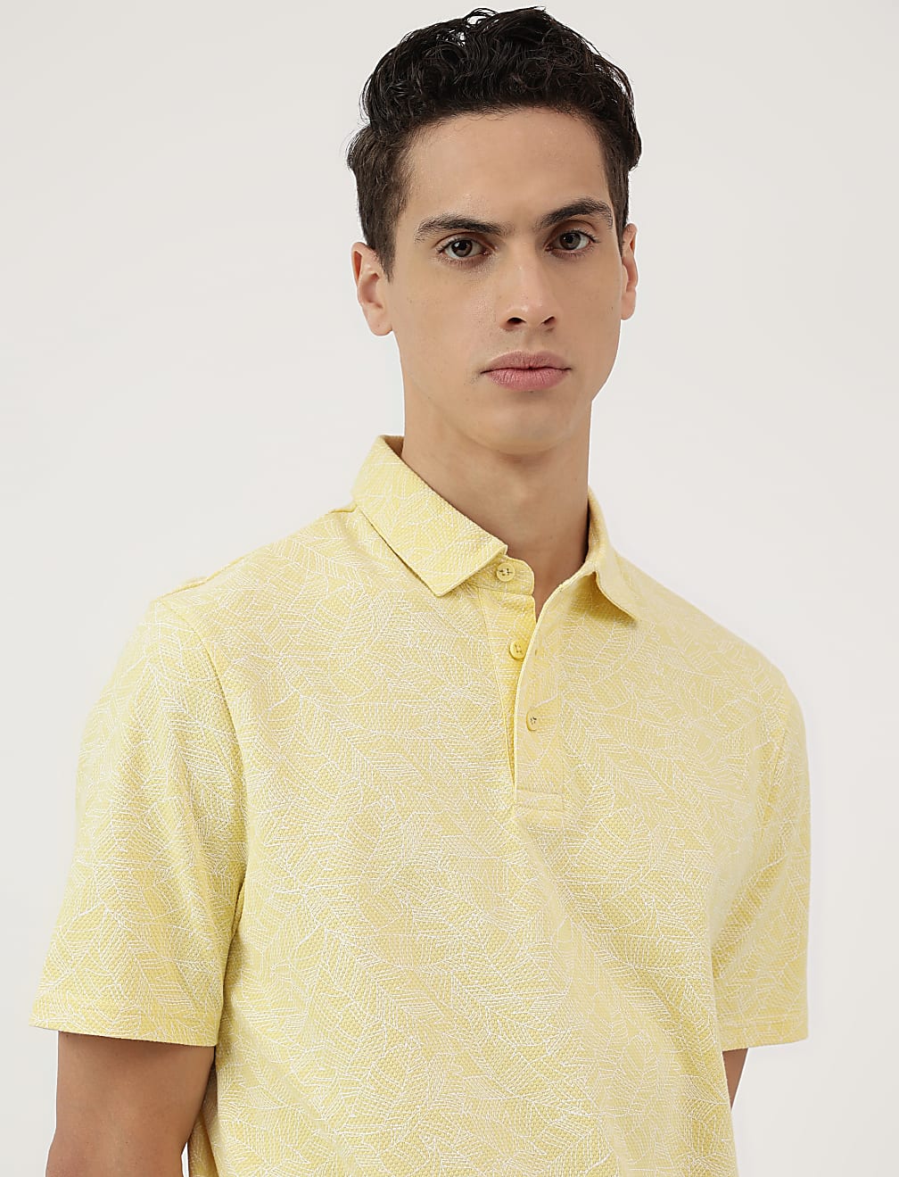 Pure Cotton Leaf Print Polo Neck T-Shirt