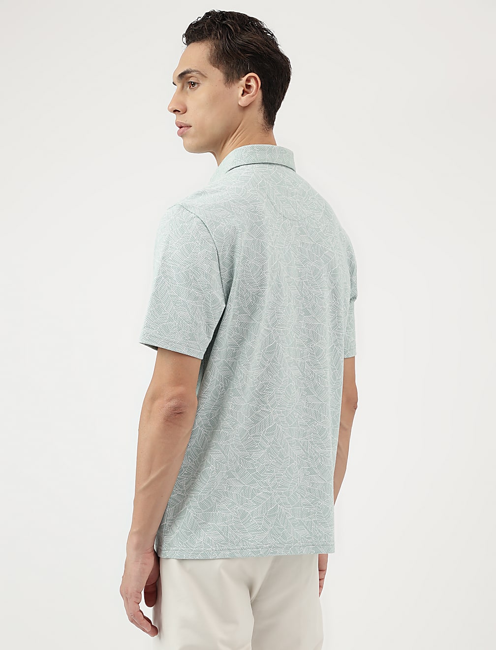 Pure Cotton Leaf Print Polo Neck T-Shirt