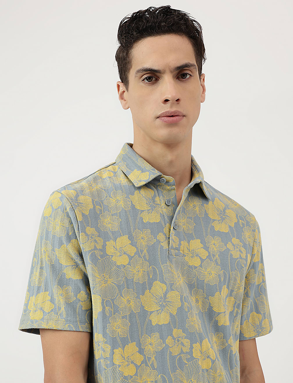 Pure Cotton Floral Print Polo Neck T-Shirt