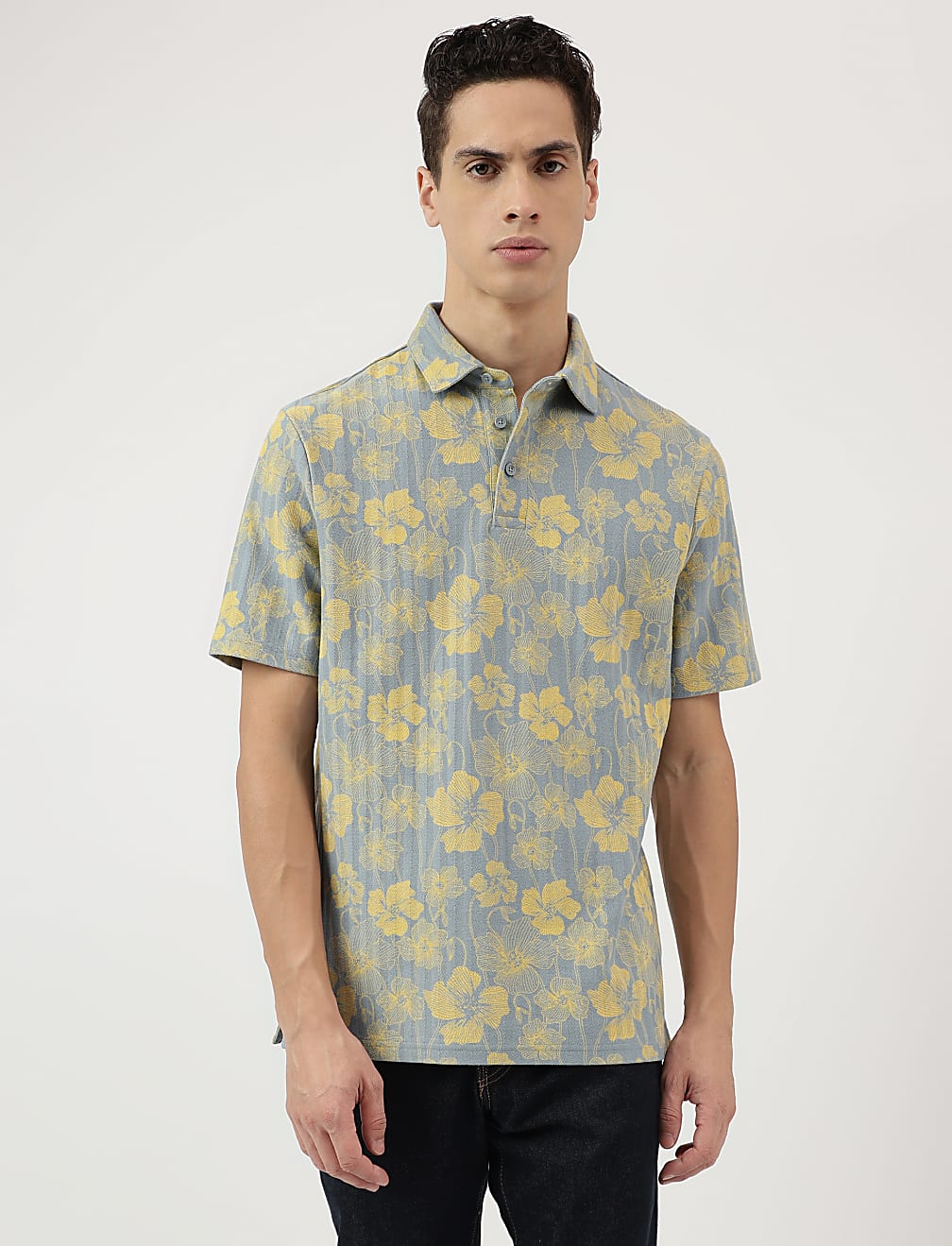 Pure Cotton Floral Print Polo Neck T-Shirt