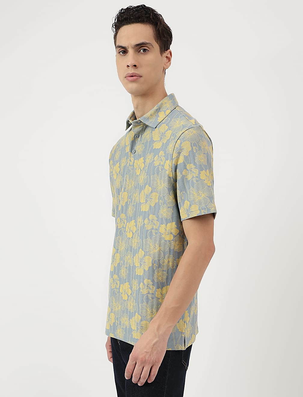 Pure Cotton Floral Print Polo Neck T-Shirt