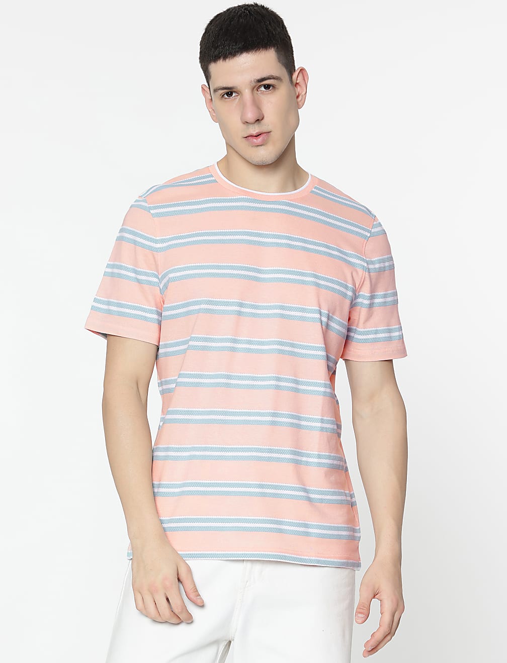 Pure Cotton Stripes Round Neck T-Shirt