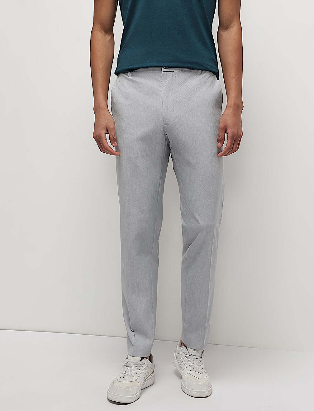 Mid Waist Textured Slim Fit Trousers