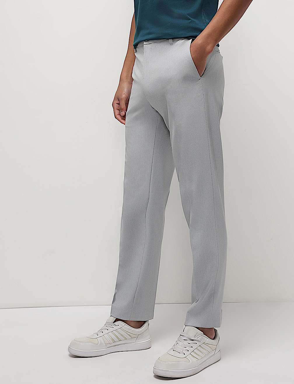 Mid Waist Textured Slim Fit Trousers