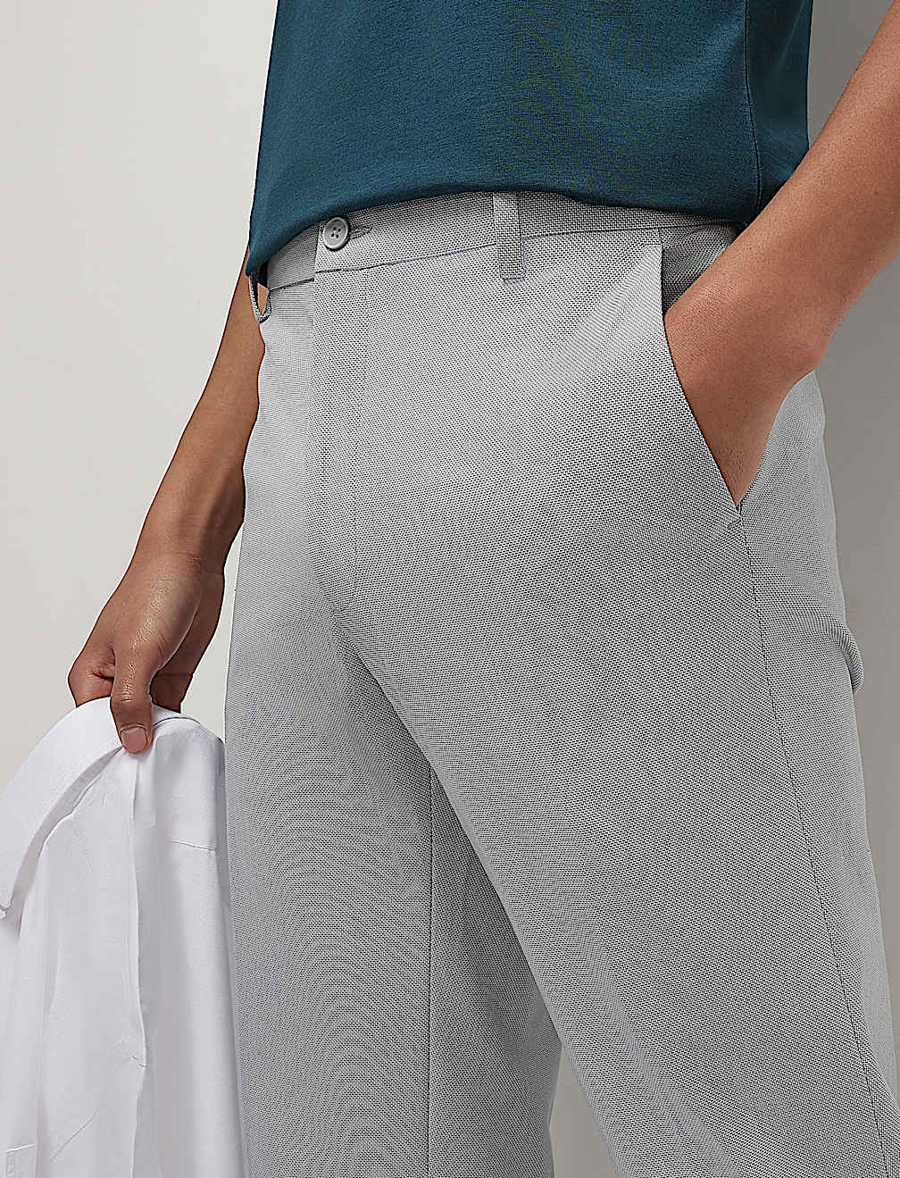 Mid Waist Textured Slim Fit Trousers