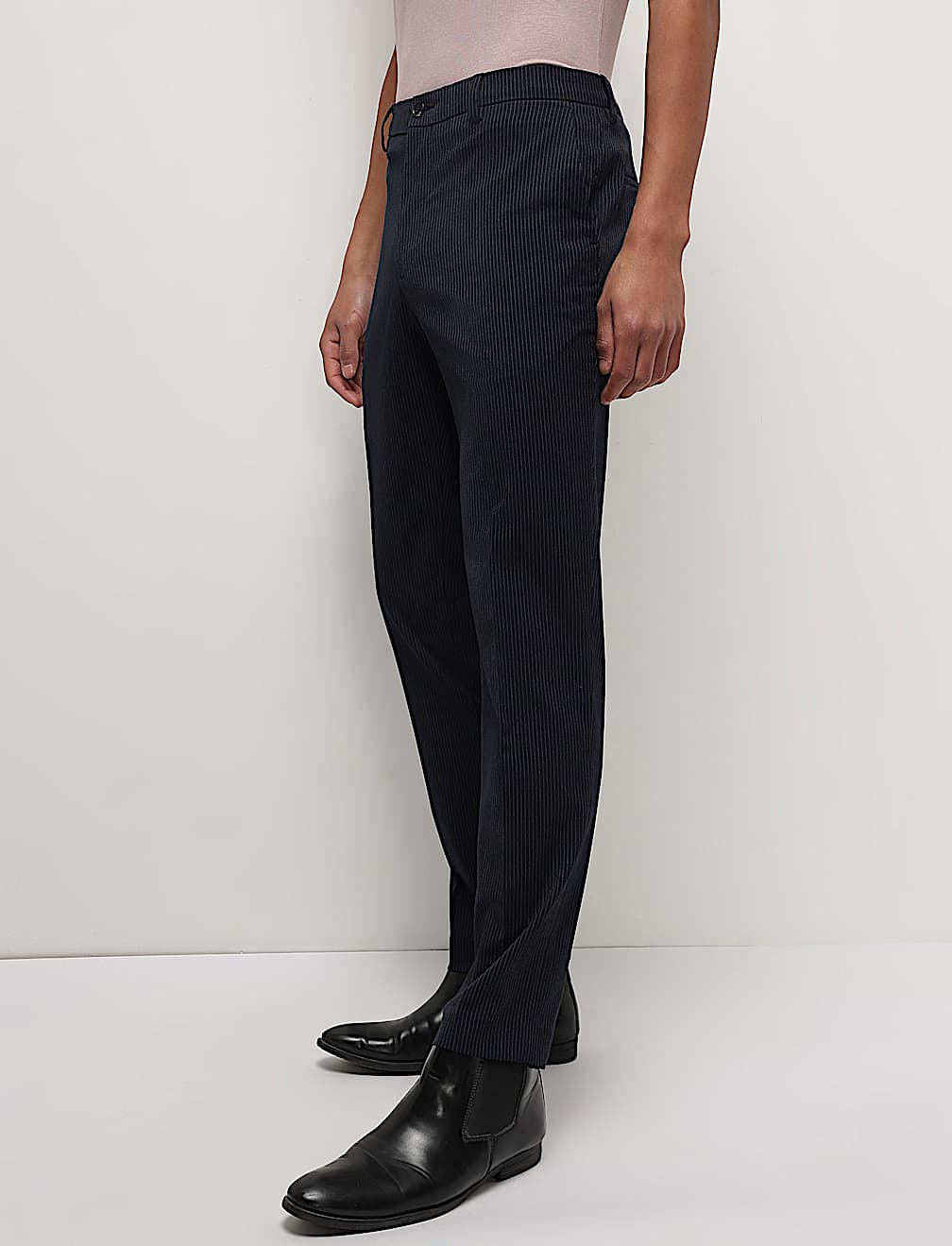 Mid Waist Pinstripe Slim Fit Trousers