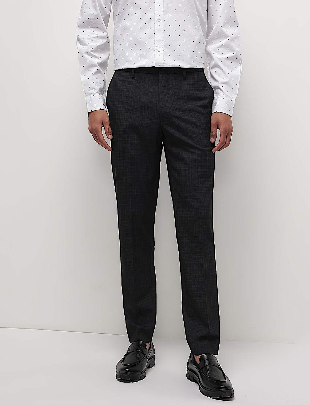 Mid Waist Checks Slim Fit Trousers