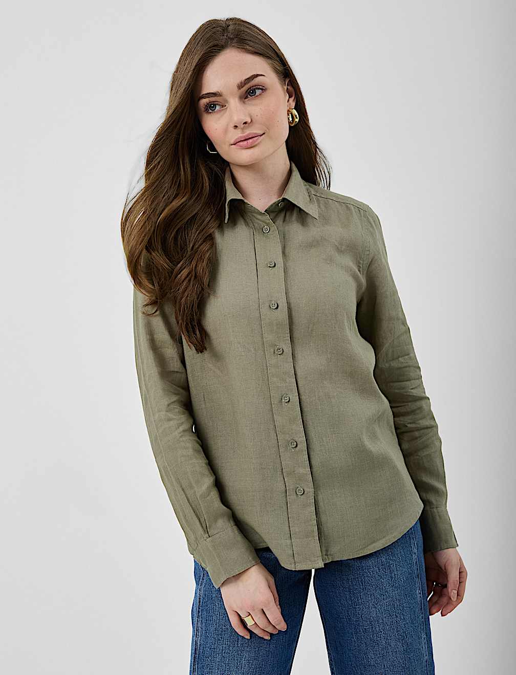 Pure Linen Plain Spread Collar Shirt