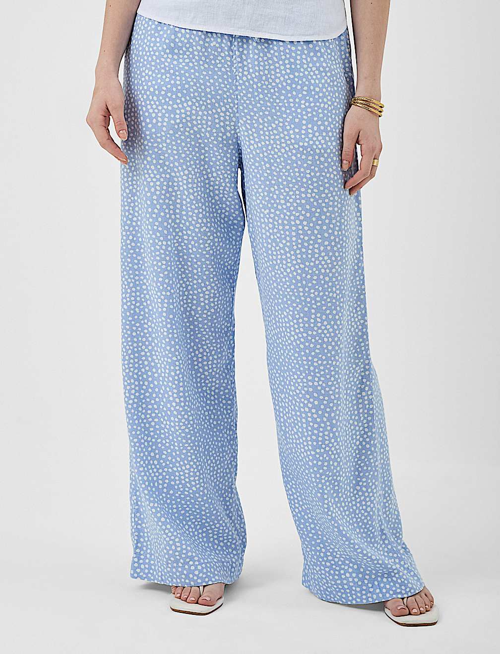 Linen Rich Embroidered Wide Leg Trousers