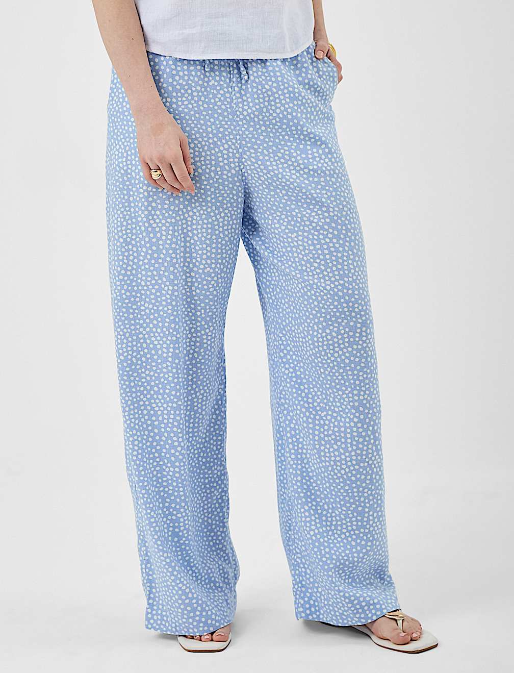 Linen Rich Embroidered Wide Leg Trousers