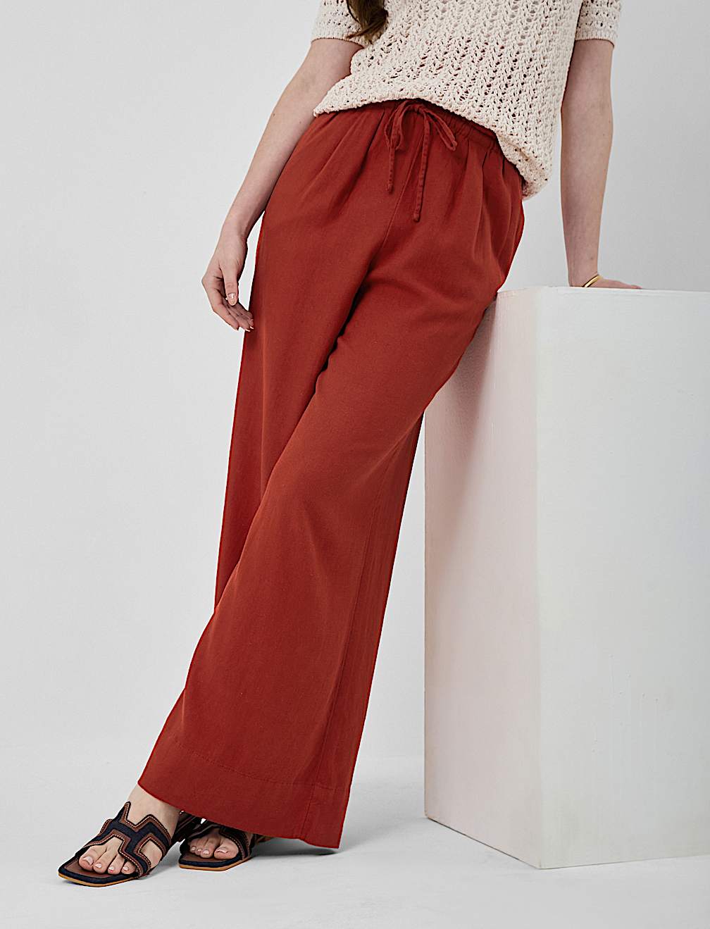 Linen Rich Plain Relaxed Fit Trousers