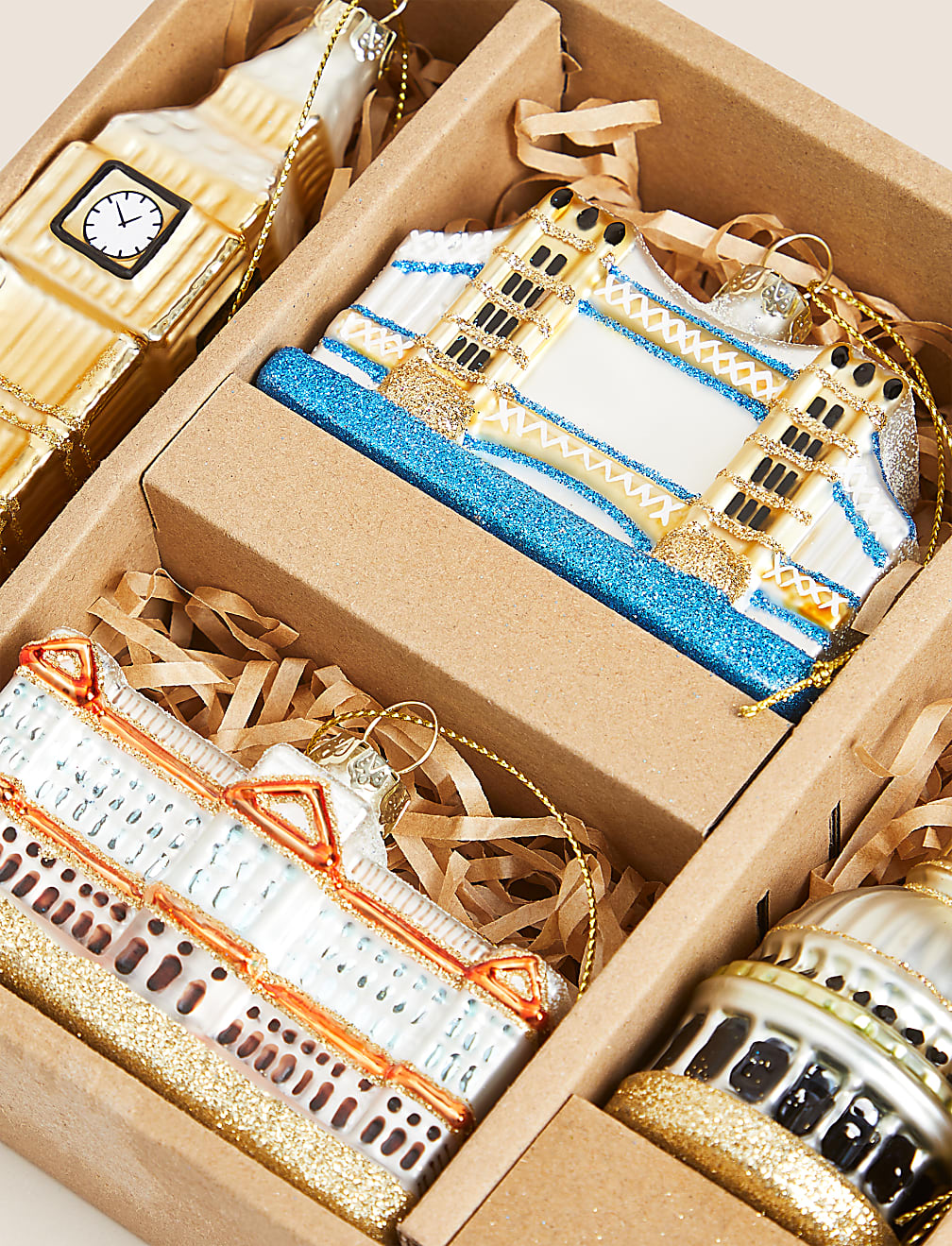 4pk Glitter Glass Hanging London Decorations