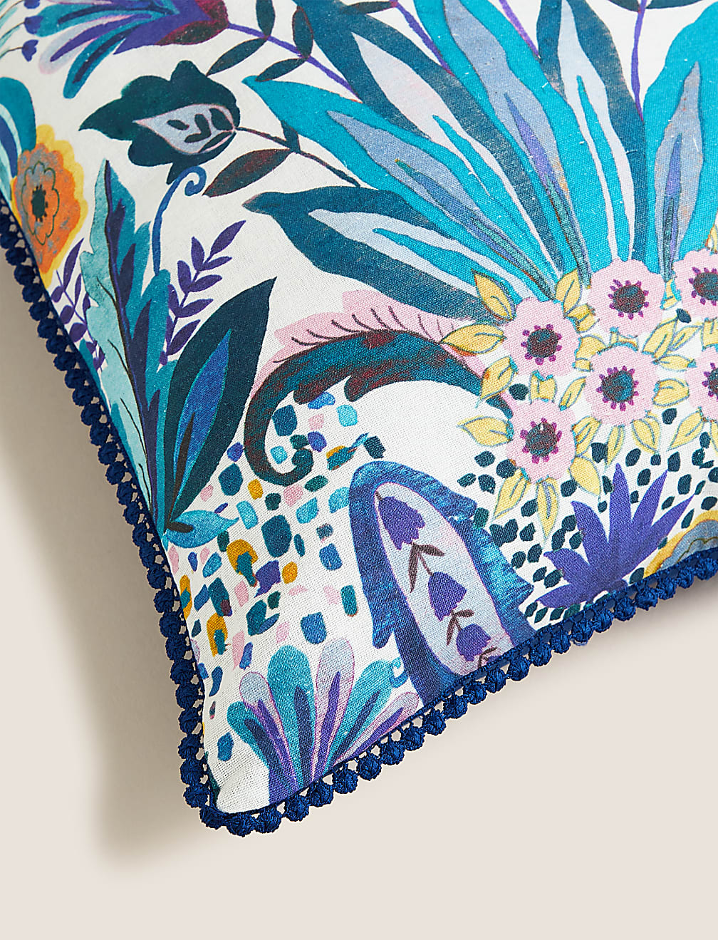 Cotton Linen Floral Embellished Cushion