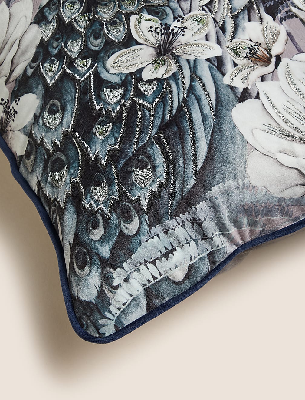 Velvet Embroidered Peacock Cushion