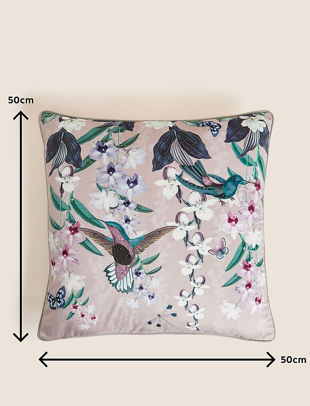 Velvet Hummingbird Embellished Cushion
