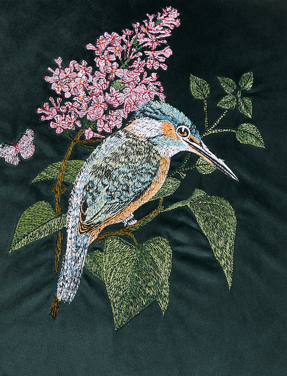 Velvet Floral Bird Embroidered Cushion