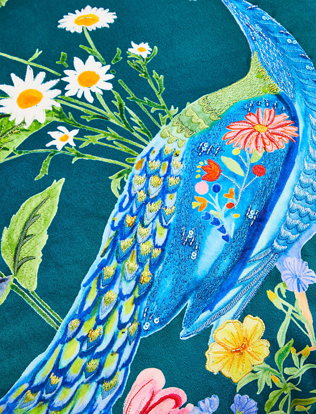 Velvet Peacock Embroidered Cushion