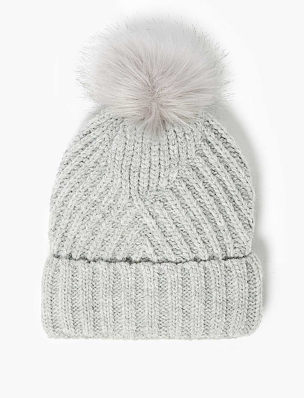 Knitted Faux Fur Bobble Beanie Hat