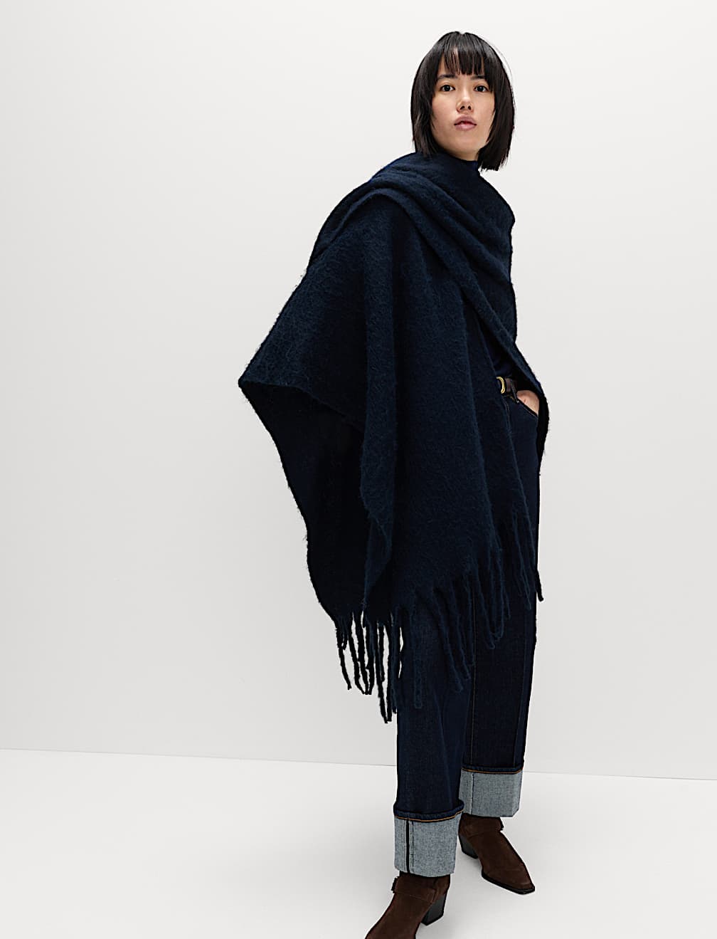 Brushed Fringed Wrap Scarf with Wool