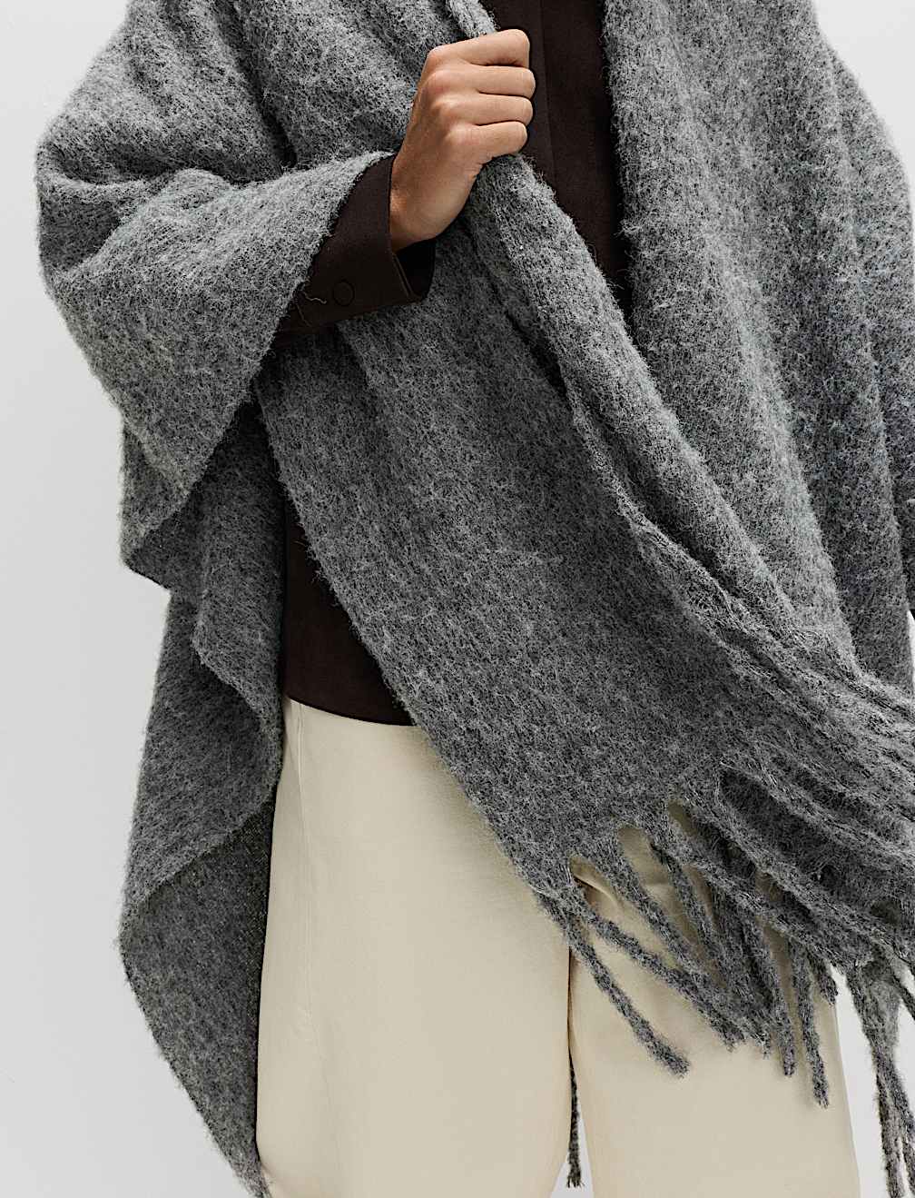 Brushed Fringed Wrap Scarf with Wool