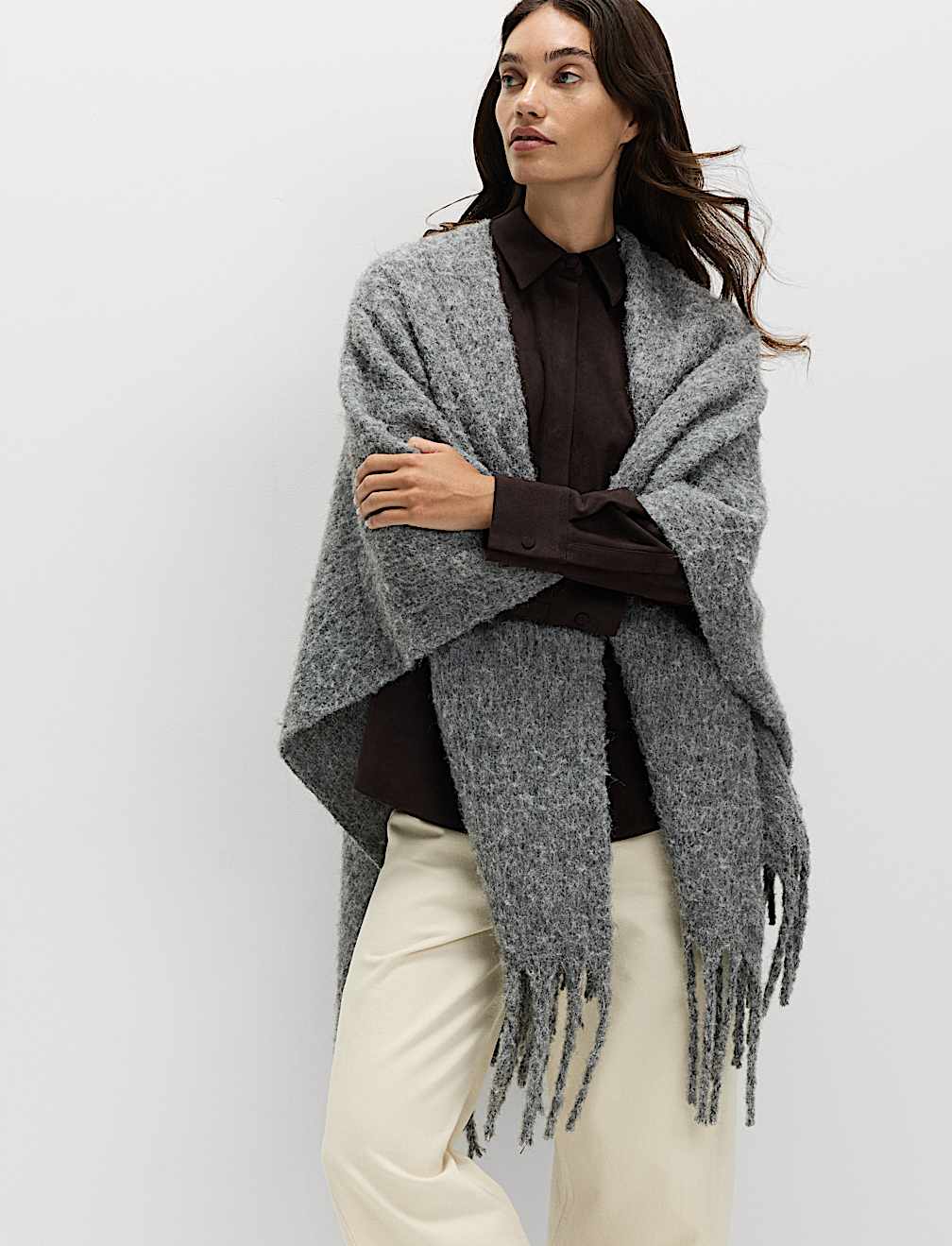 Brushed Fringed Wrap Scarf with Wool