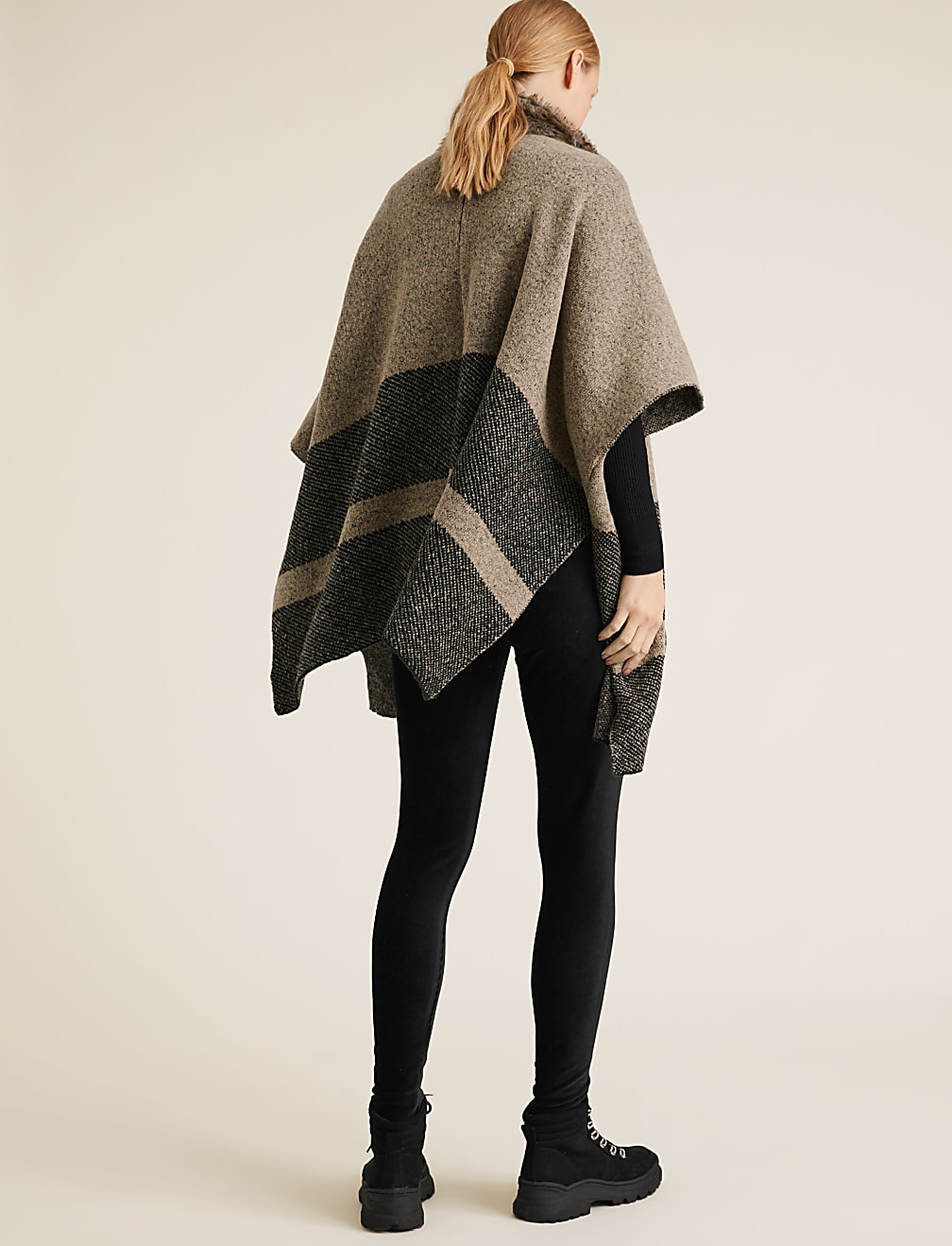 Knitted Striped Faux Fur Collar Poncho