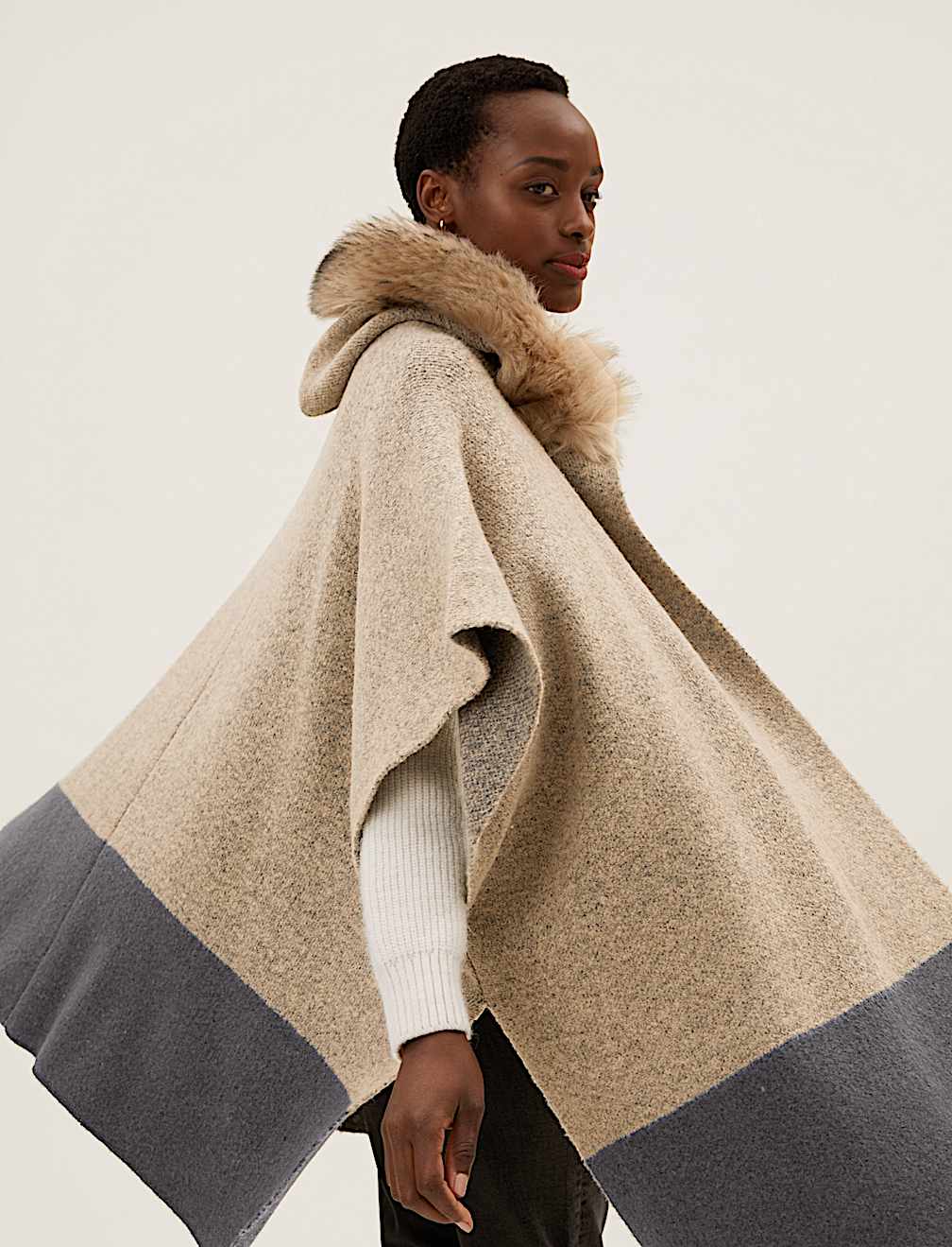 Faux Fur Trim Hooded Poncho