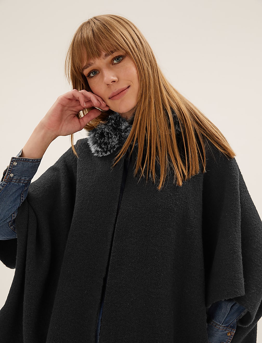 Faux Fur Trim Hooded Poncho
