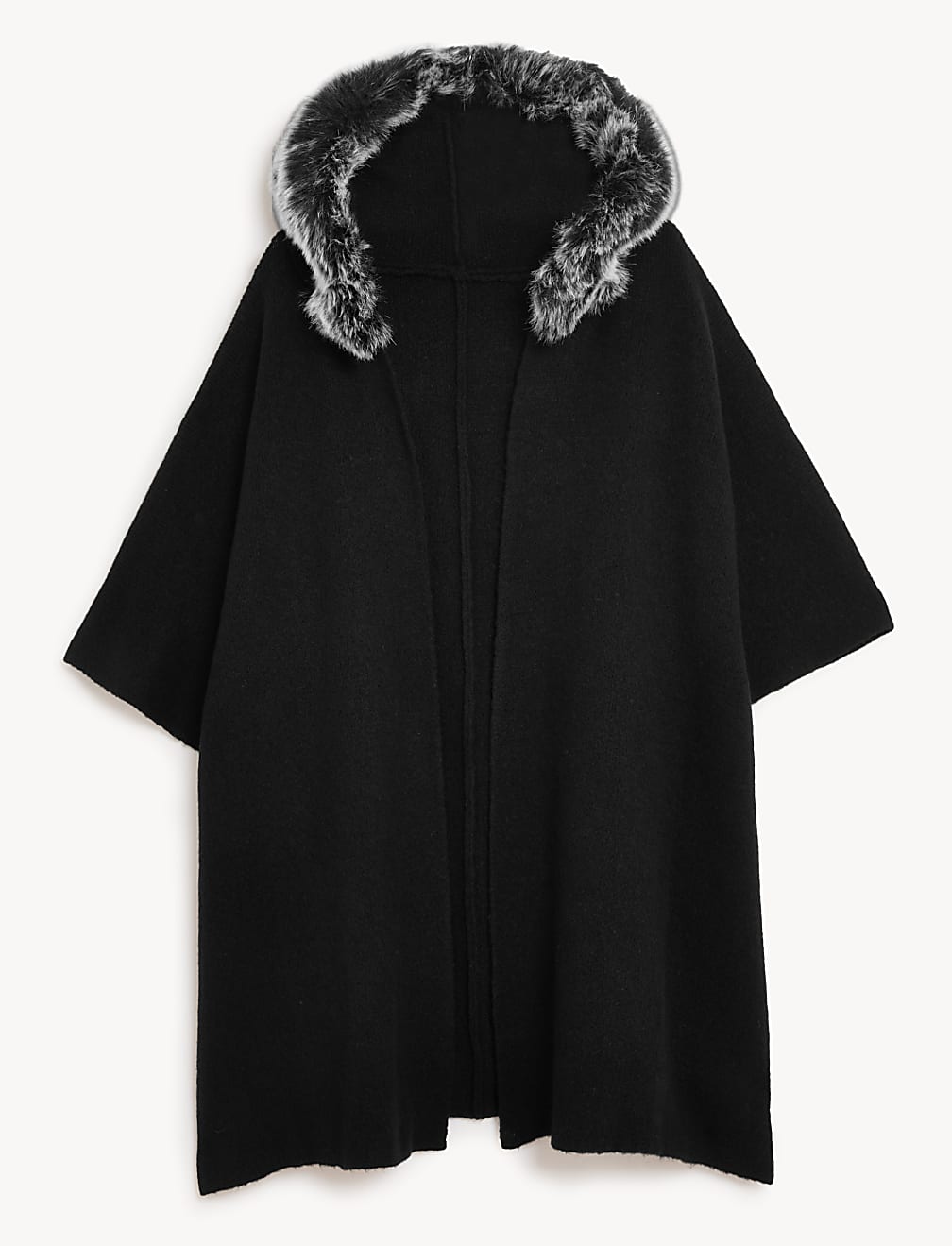 Hooded Faux Fur Trim Poncho