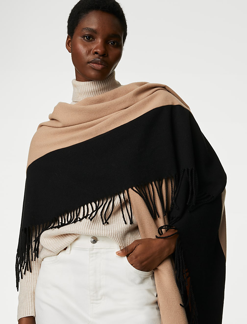 Woven Colour Block Tassel Poncho